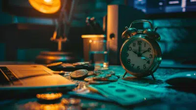 Reloj despertador junto a un computador portátil sobre un escritorio